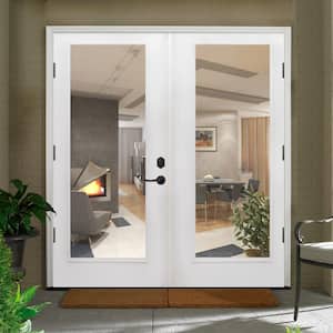 72 in. x 80 in. Reliant Series Clear Full Lite White Primed Right Hand Outswing Fiberglass Double Prehung Patio Door