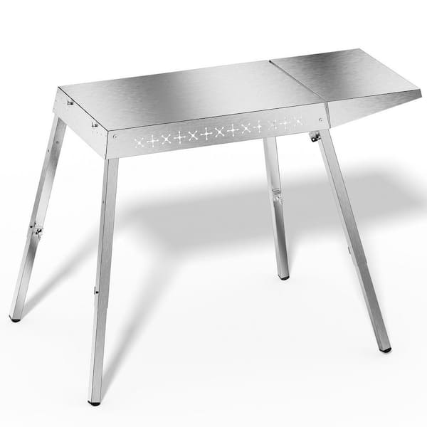 38.11" (W) Portable Stainless Steel Grill Table with Retractable Stand and Folding Side Table