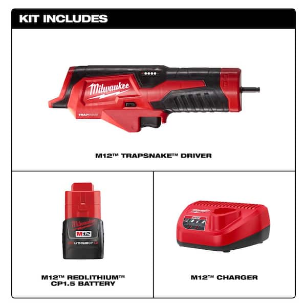 M12 Trap Snake 12V Lithium-Ion Cordless Toilet and Urinal Auger Power Driver w/ 1.5AH Battery and Charger