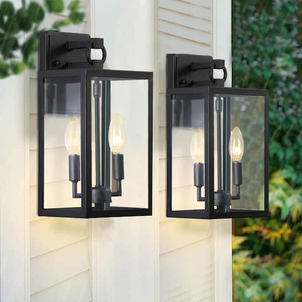 Cedar Hill 14 in. Black Metal Outdoor Wall Lantern Sconce Light (Set of 2)