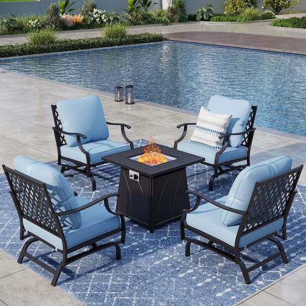 PHI VILLA 4 Seat 5-Piece Metal Steel Outdoor Patio Conversation Set with Blue Cushion, Rocking Chairs, Square Fire Pit Table