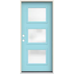 36 in. x 80 in. Right-Hand Craftsman Etched Decorative Glass Blue Painted Fiberglass Prehung Front Door w/Brickmould