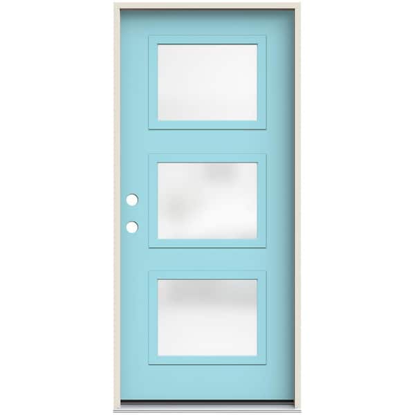 JELD-WEN 36 in. x 80 in. Right-Hand Craftsman Etched Decorative Glass Blue Painted Fiberglass Prehung Front Door w/Brickmould