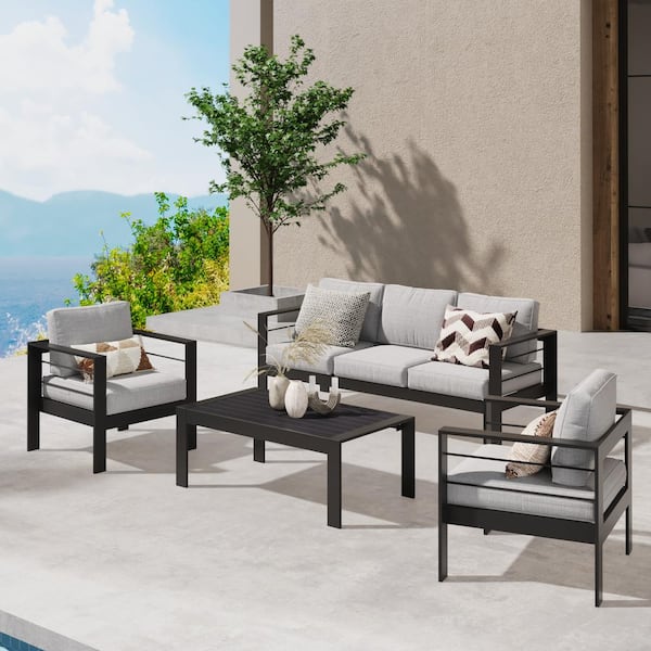 Tenleaf 2 Piece Black All Weather Aluminum Outdoor Couch with Light Gray Cushions FCBF14 91 The Home Depot