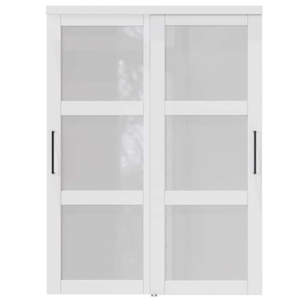 60 in. x 80 in. 3-Lite Frosted Glass White Finished MDF Interior Sliding Door with Hardware and Black Handles