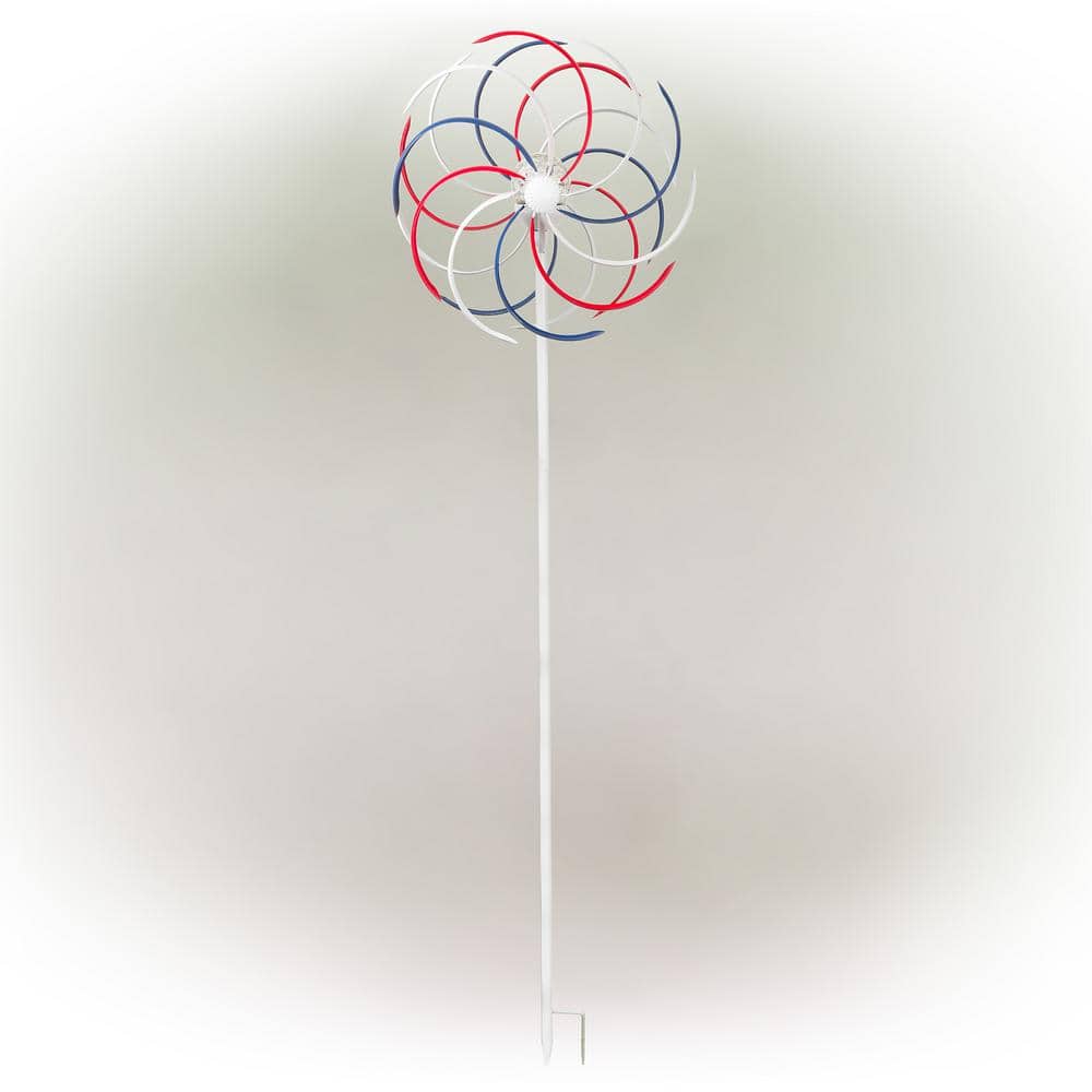 68" Tall Red, White, and Blue Iron Wind Spinner with Solar LED Light