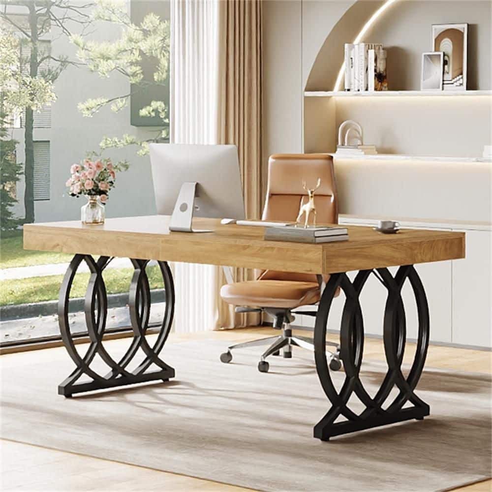 63 in. Rectangular Oak and Black Wood Computer Desk with Metal Base, Modern Executive Office Desk Study Writing Table