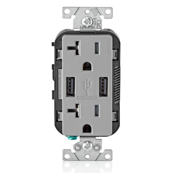 Leviton Decora 20 Amp Tamper Resistant Duplex Outlet and 3.6 Amp USB Outlet, Gray