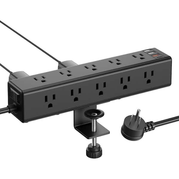 Ahfiwaso 6 ft. Desk Clamp Surge Protector Power Strip, Widely Spaced 15 AC Outlets, Fast Charging USB-A and USB-C Ports, Black