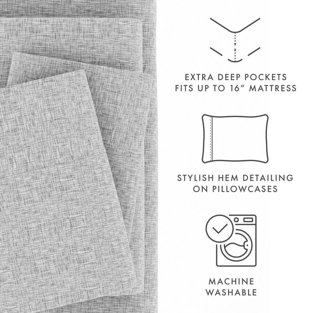 Light Gray Chambray Style Queen Microfiber Bed Sheets Set