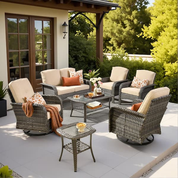 Toject Denali Gray 7-Piece Modern Wicker Patio Conversation Sofa Seating Swivel Rocking Chairs Set with Beige Cushions