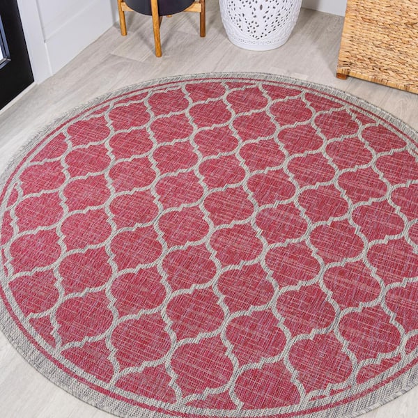 Trebol Moroccan Trellis Textured Weave Fuchsia/Light Gray 5 ft. Round Indoor/Outdoor Area Rug