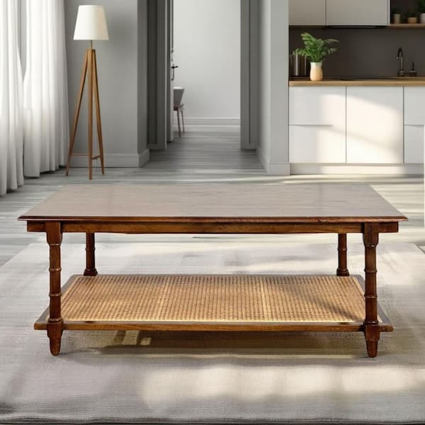 Carolina Chair & Table Chesterfield 42 in. by 24 in. Chestnut Rectangle Wood and Cane Coffee Table with Shelf