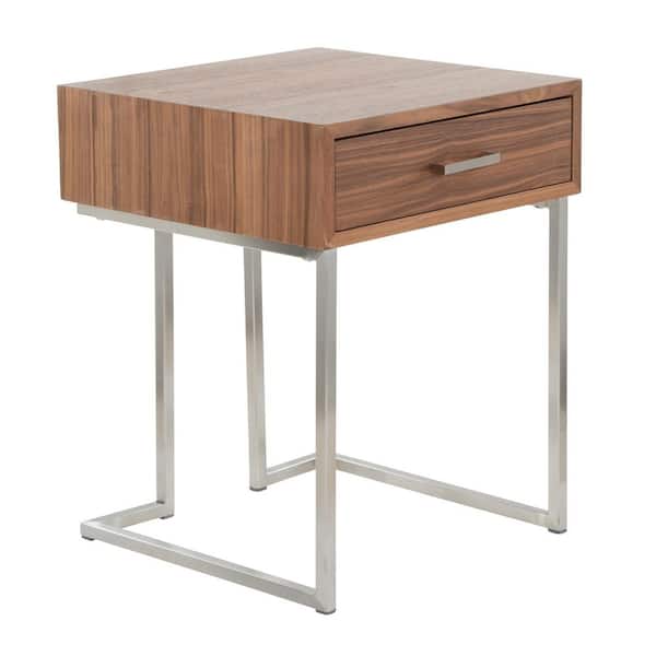 Roman 19 in. Walnut Wood and Stainless Steel Square Wood End Table with Drawer