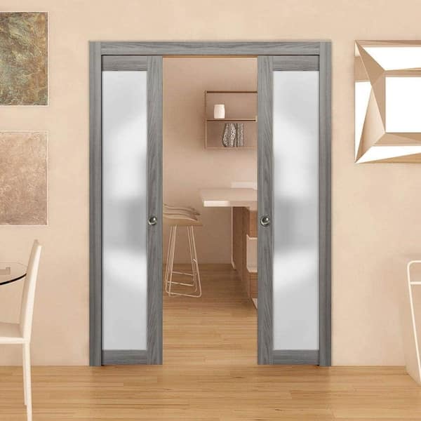 Assemble Required 48 in. x 96 in. 1-Panel Grey Finished Solid Wood Sliding Door with Double Pocket Hardware