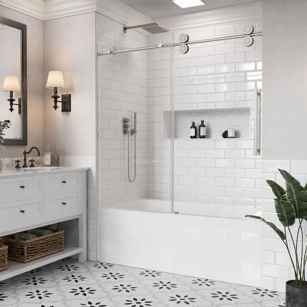 56 in. - 60 in. W x 58 in. H Sliding Frameless Tub Door in Brushed Nickel with 1/4 in. Clear Tempered Glass