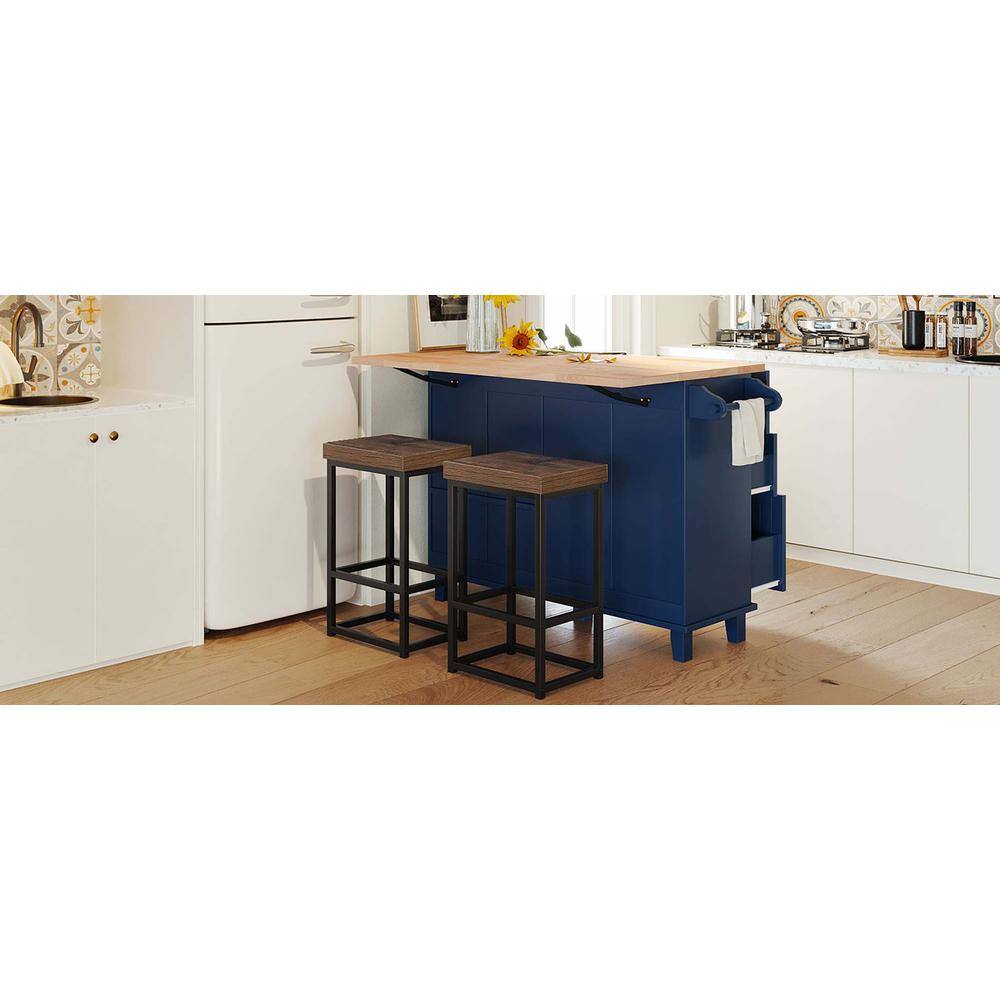 Blue Solid Wood Kitchen Island with Drawers and Storage Cabinet