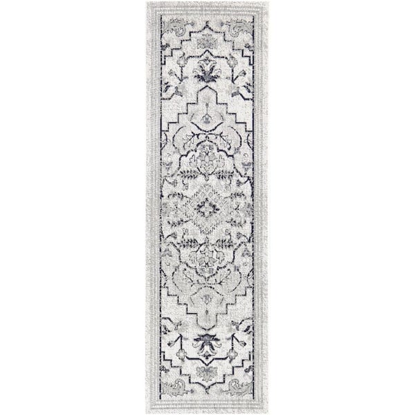 Hampton Bay Cream 2 ft. x 7 ft. Runner Traditional Medallion Indoor/Outdoor Area Rug