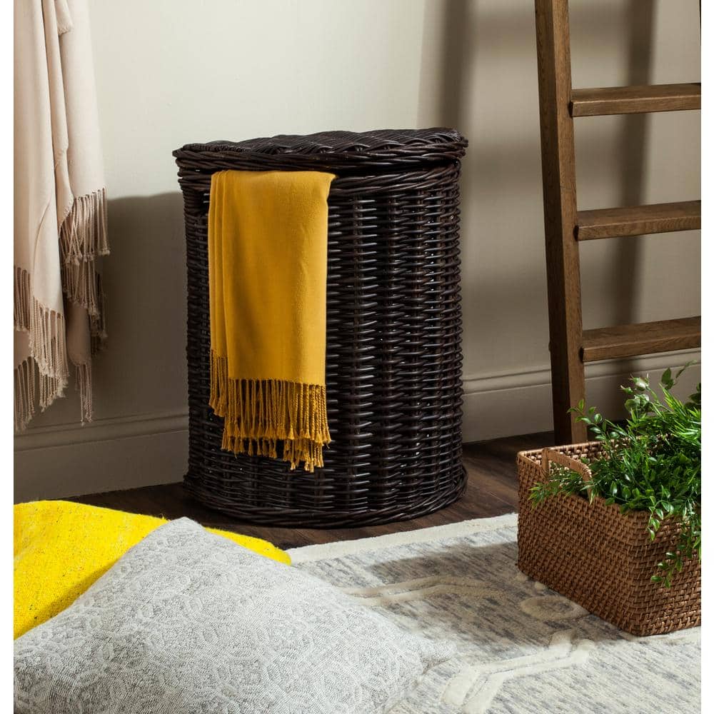 Brown Wicker Upright Hamper with Lid and Cotton Liner