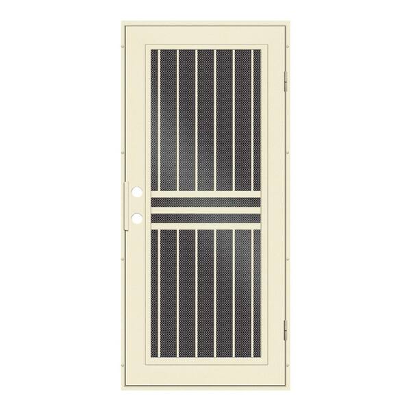 Unique Home Designs 32 in. x 80 in. Plain Bar Beige Hammer Left-Hand Surface Mount Aluminum Security Door / Black Perforated Metal Screen