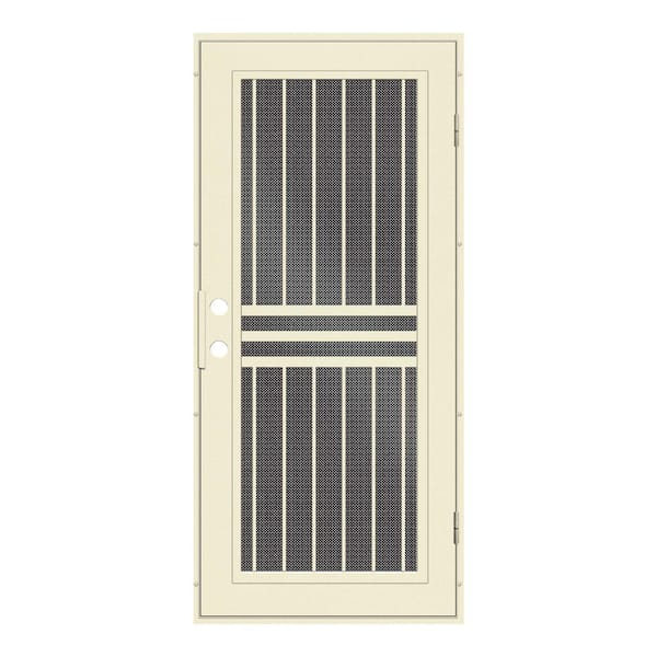 Unique Home Designs 36 in. x 80 in. Plain Bar Beige Hammer Left-Hand Surface Mount Aluminum Security Door / Black Perforated Metal Screen