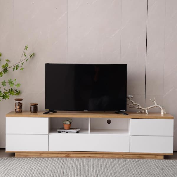 Modern White and Natural Top TV stand for TVs up to 75 in. Entertainment Center with Storage and Door Rebound Device