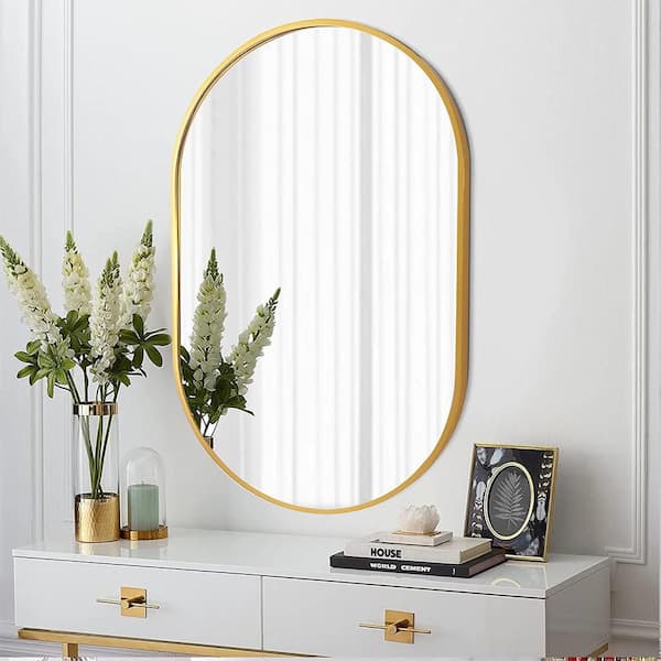 Blisstyle Gold 20 in W x 28 in. H Art Deco Oval Aluminium Alloy Framed Mirror Wall Mirror Wall Decor Mirror