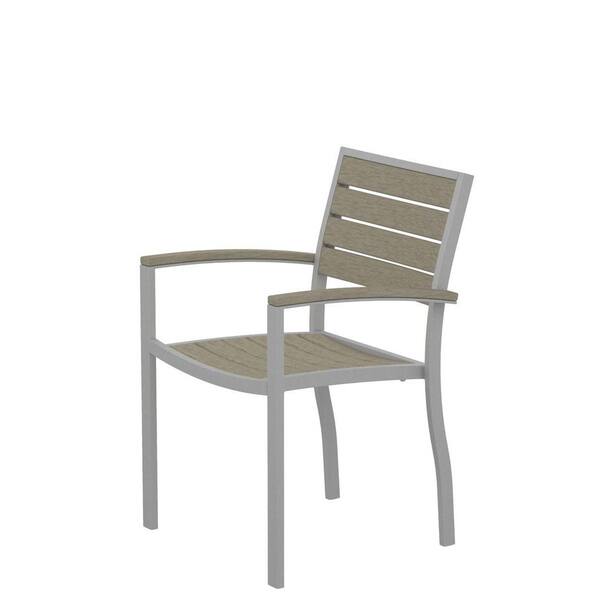 POLYWOOD Euro Textured Silver Patio Dining Arm Chair with Sand Slats