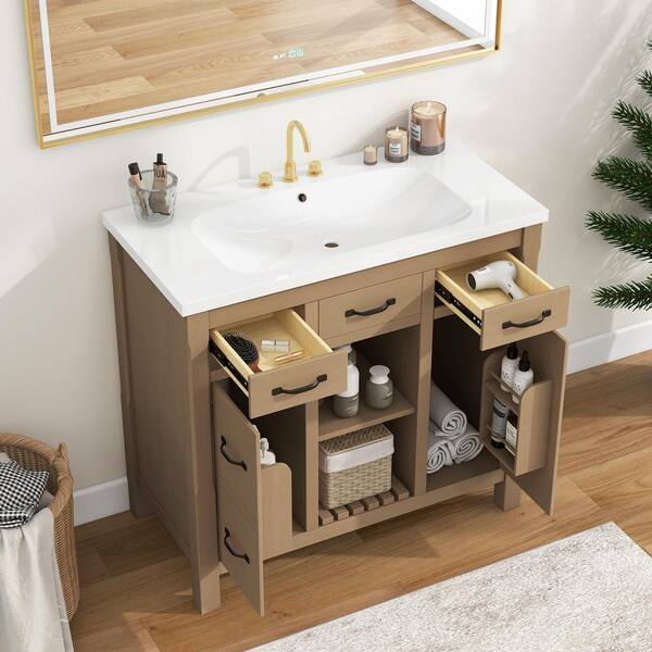 Unbranded 36 in. W x 18 in. D x 34 in. H Freestanding Bath Vanity in Brown with White Cultured Marble Top