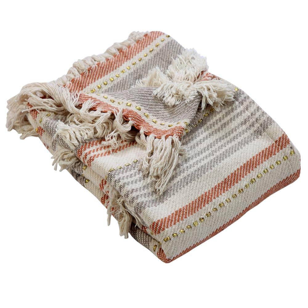 Rust and Gray Striped Cotton Knitted Throw Blanket