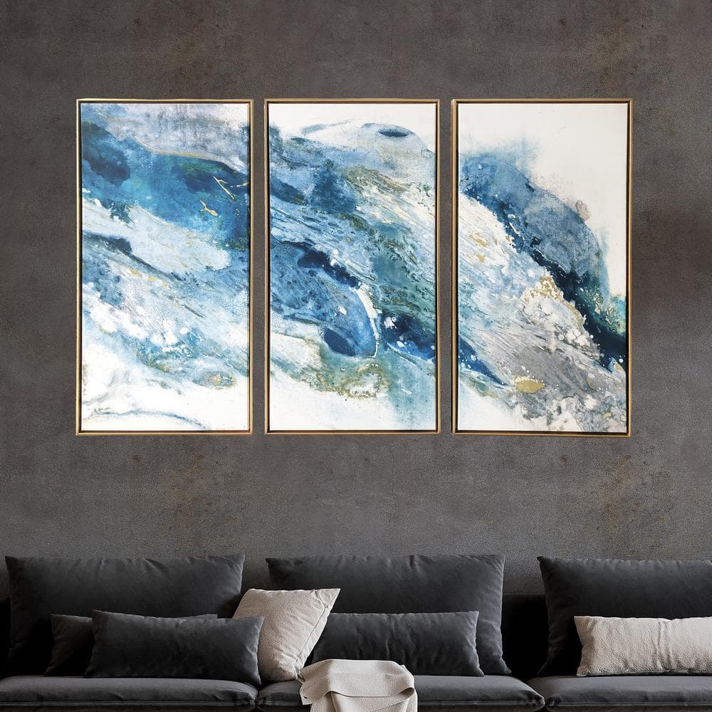 Abstract Blue and Gold Triptych Canvas Wall Art for Nursery