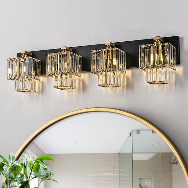 LLHZSY Schonbek 32.09 in. 4-Light 2-Tier Modern Black and Gold Dimmable Bathroom Vanity Light with Crystal Shades