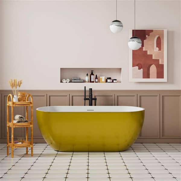 INSTER VALLEY 65 in. Acrylic Oval Freestanding Bowl Shaped Flatbottom Soaking Tub Non-Whirlpool Bathtub in Gold