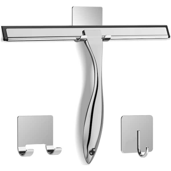 12 in. All-Purpose Stainless Steel Shower Squeegee, with 2 Adhesive Hooks for Door, Window, Tile, Car, Silver (1-Pack)