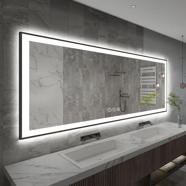  LINE 82 in. W x 32 in. H Rectangular Black Framed Wall Mount Anti-Fog Bathroom Vanity Mirror with LED Light and Memory
