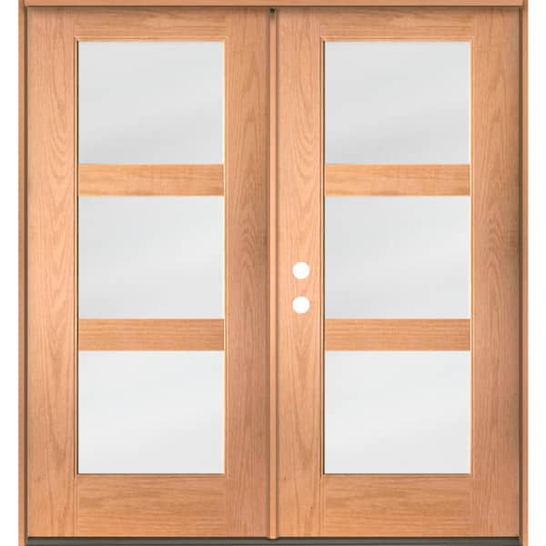 Krosswood Doors BRIGHTON Modern 72 in. x 80 in. 3-Lite Right-Active/Inswing Satin Glass Teak Stain Double Fiberglass Prehung Front Door