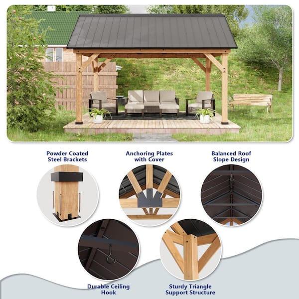 15 ft. x 13 ft. Premium Cedar Wood Outdoor Garden Patio Shade Gazebo with Wood Posts and Galvanized Steel Roof