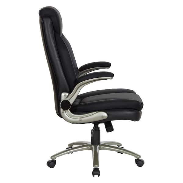 Leather Adjustable Height Big and Tall Executive Chair in Black with Padded Flip Arms and Titanium Base