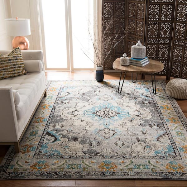 Monaco 12 ft. x 18 ft. Gray/Light Blue Distressed Border Medallion Area Rug