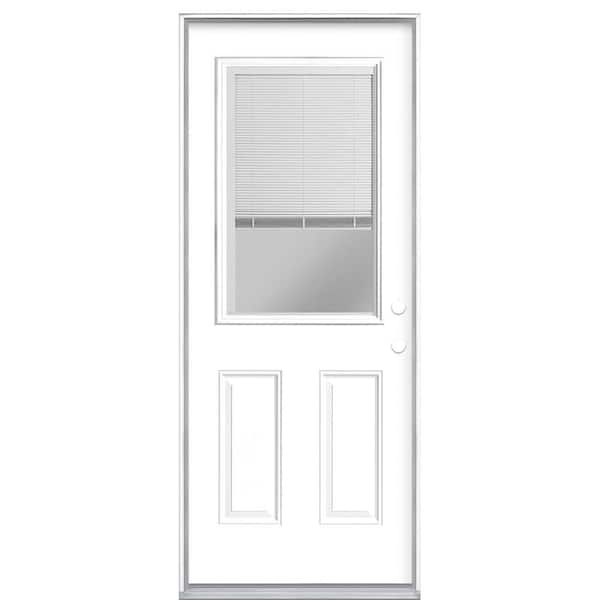 Masonite 32 in. x 80 in. Premium Half Lite Mini Blind Ultra Pure White Left Hand Inswing Primed Steel Prehung Front Exterior Door