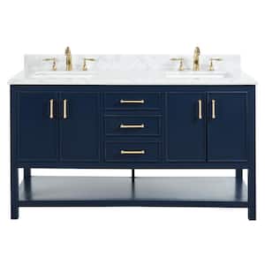 Uptown 60 in.W x 22 in.D x34.75 in.H Bath Vanity in Navy Blue with Carrara Marble Vanity Top in White with White Basin