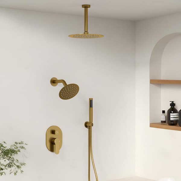3-Spray 10 and 6 in. Dual Shower Heads Ceiling Mount and Handheld Shower Head in Brushed Gold (Valve Included)