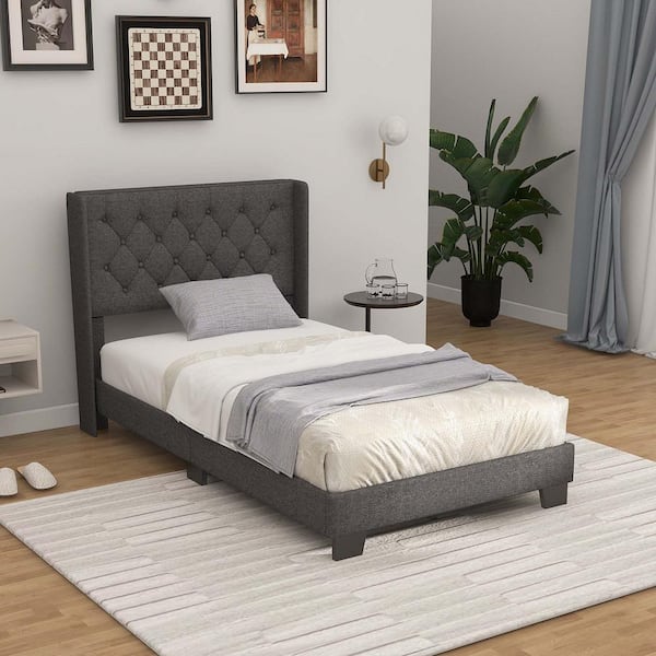 Gray Wood Frame Twin Size Upholstered Platform Bed Tufted Headboard Mattress Foundation