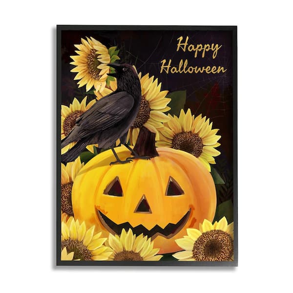 Stupell Industries Crow on Jack-o-Lantern by Diane Neukirch 1-Piece Framed Graphic Print Animal Poster Art Print 20 in. x 16 in.
