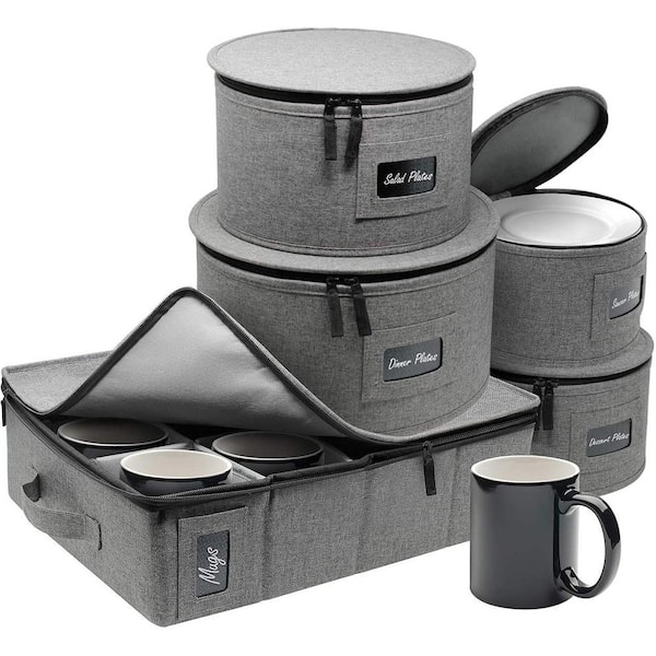 Sorbus Cup and Plate Storage Organizer Gray Polyester Dinnerware Storage with Zip lock lid 5 Pack