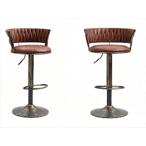38 in. Swivel Adjustable Height Anti-Bronze Metal Frame Cushioned Bar Stool with Umber PU Leather Seat (Set of 2)