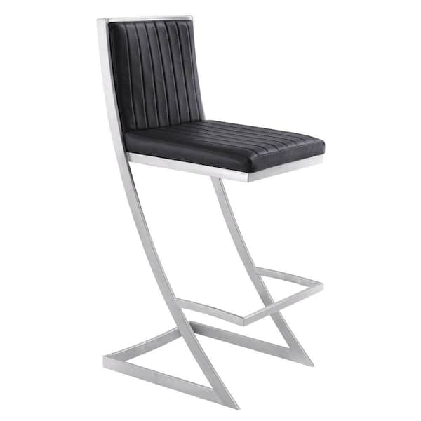 Benjara 30 in. Black and Silver Low Back Metal Frame Barstool with Faux Leather Seat