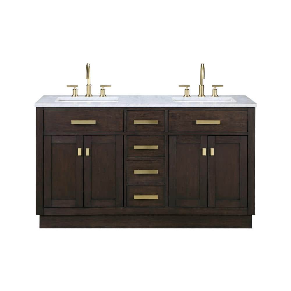 Chestnut 60" Brown Oak Double Bathroom Vanity with Gold Accents