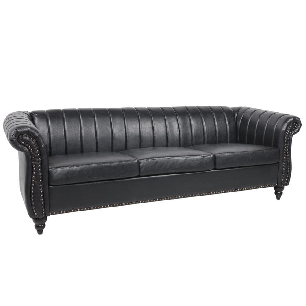 84 in. W Rolled Arm Leather Straight Traditional 3-Seat Sofa in Black