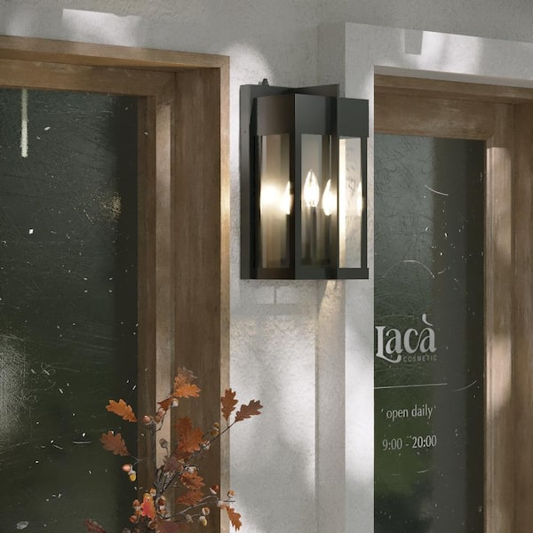 Montpelier Black 3-Light Outdoor Hardwired Water Glass Wall Lantern Sconce with Dusk to Dawn